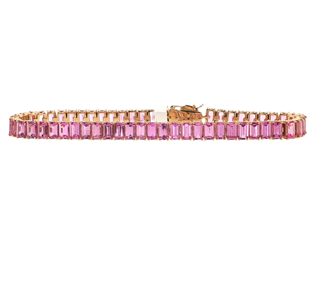 18K Yellow Gold Pink Sapphire Tennis Bracelet with Diamond Heart Clasp by Erica Courtney