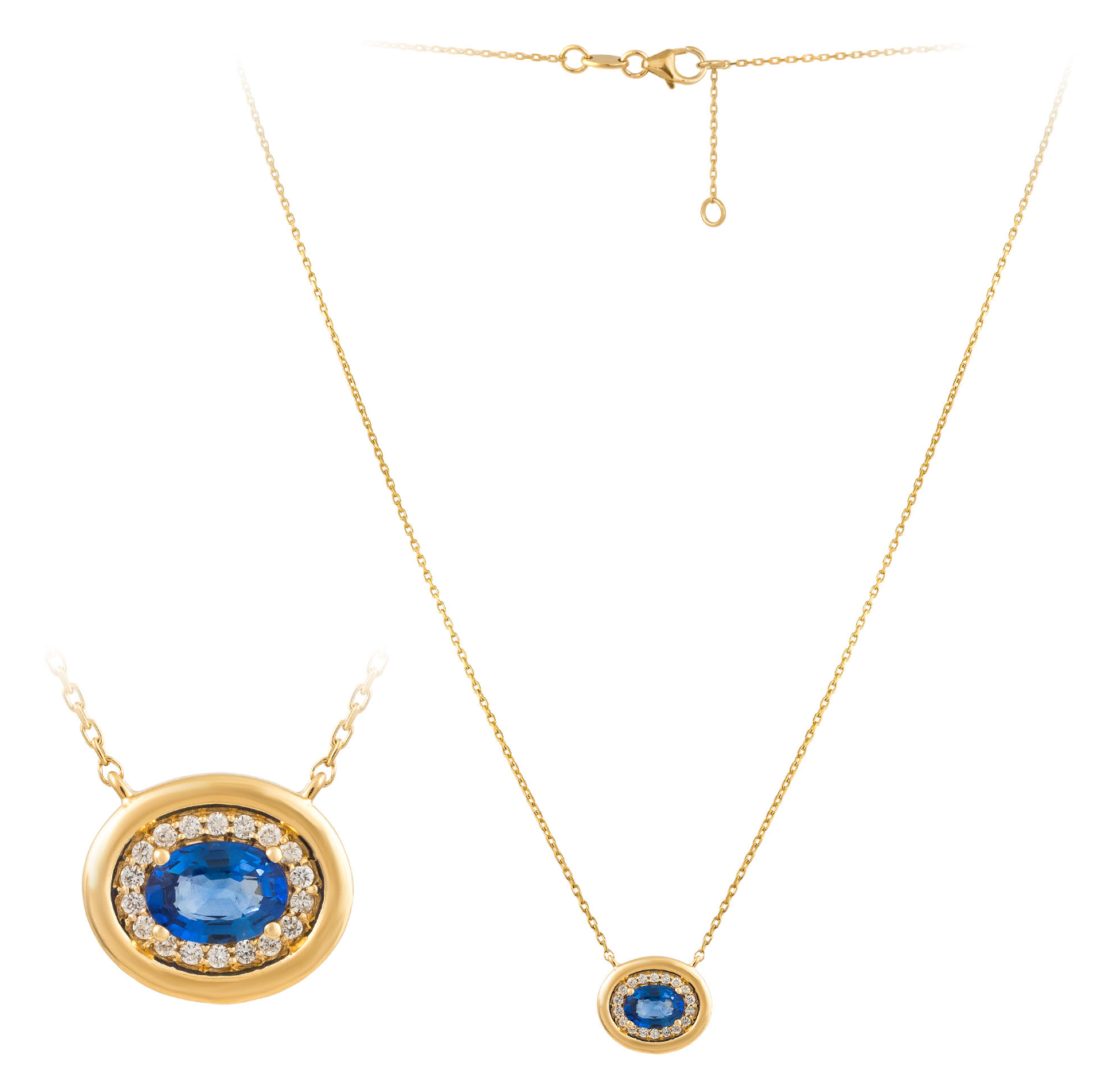 18K Yellow Gold Sapphire & Diamond Halo Frame Pendant Necklace Main image
