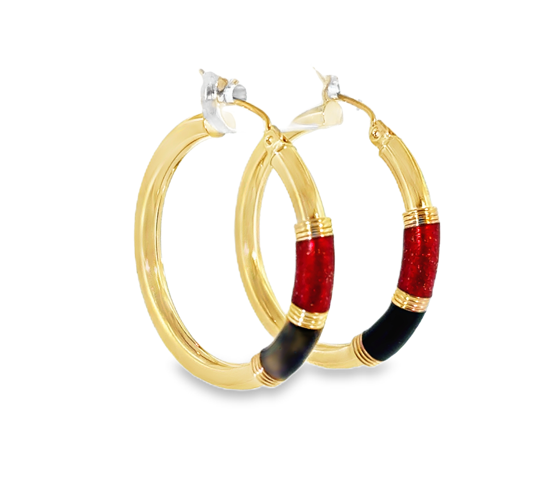 14K Yellow Gold Tube Hoops with Red & Black Enamel Main image