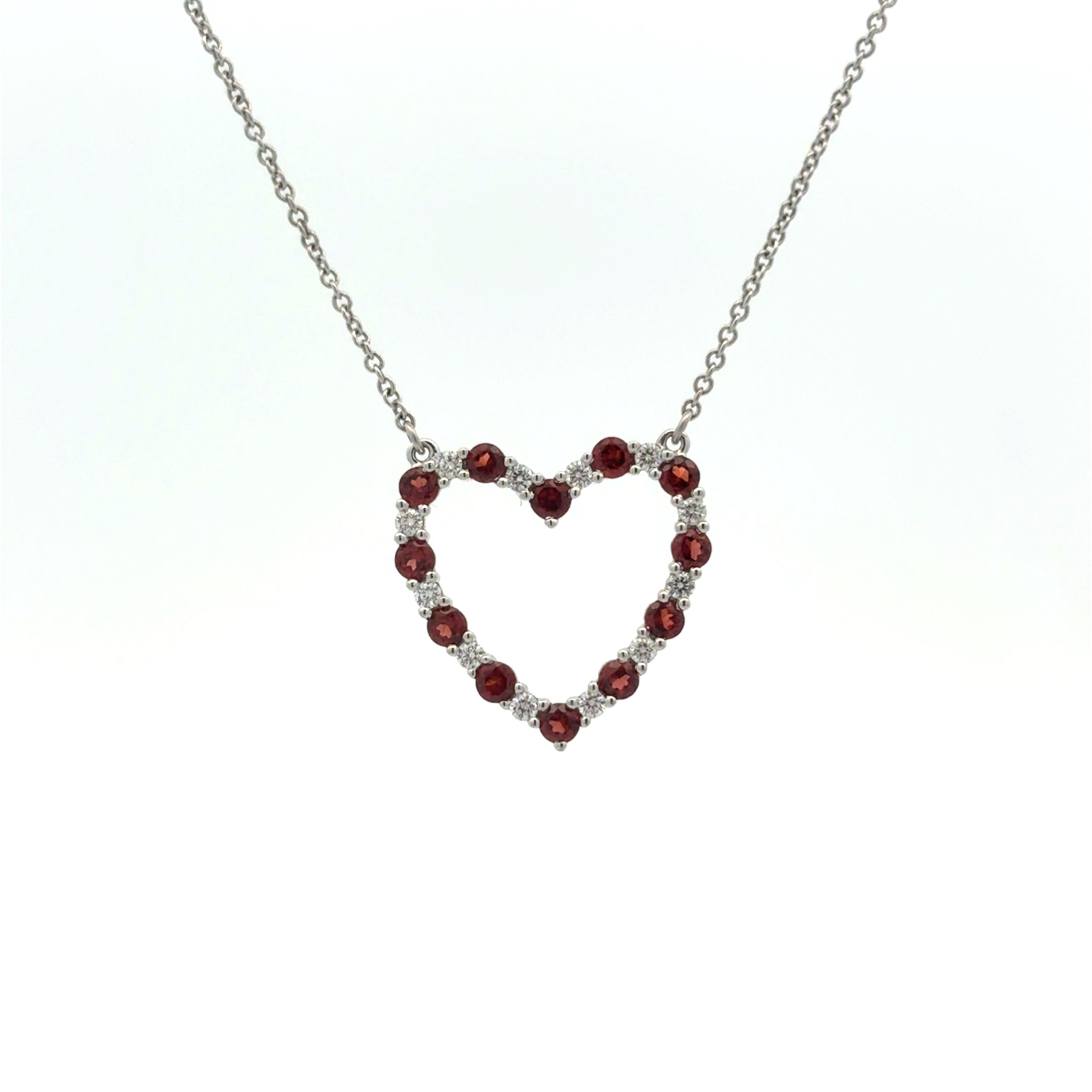 18K WG 2.5mm Garnet & 1/4cttw Diamond Alternating Heart Pendant Main image