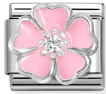 Stainless Steel & Sterling Silver Pink Peach Blossom Charm with Enamel & CZ