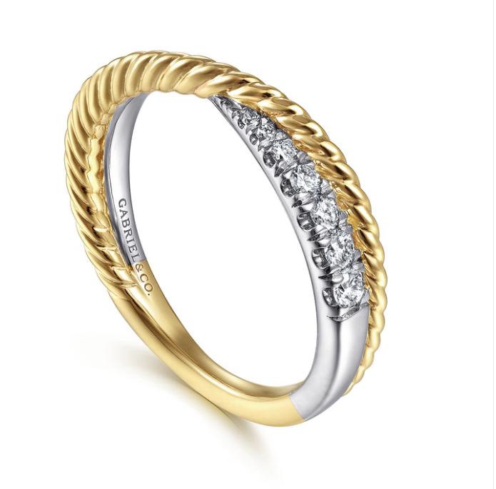 14K Two-Tone Criss Cross Diamond Band with Twisted Rope Detail by Gabriel NY