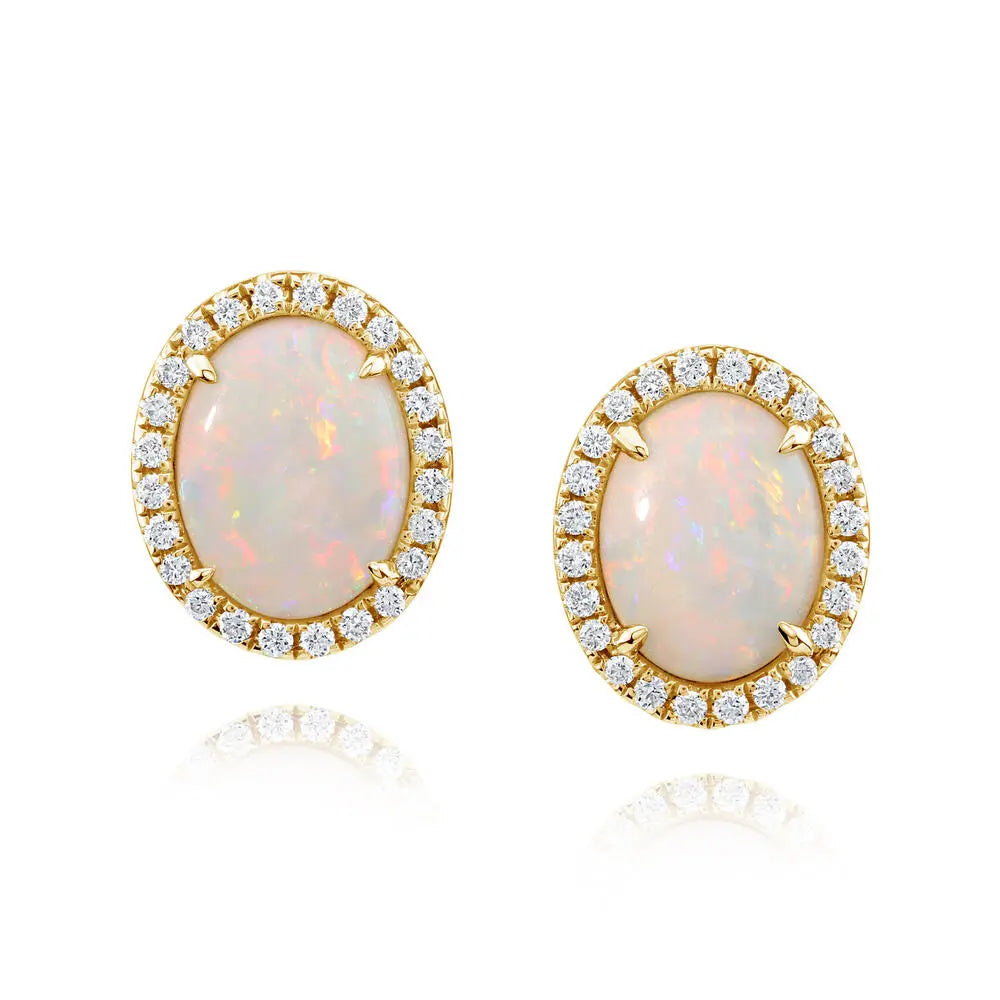 14K YG Australian Opal & Diamond Halo Stud Earrings