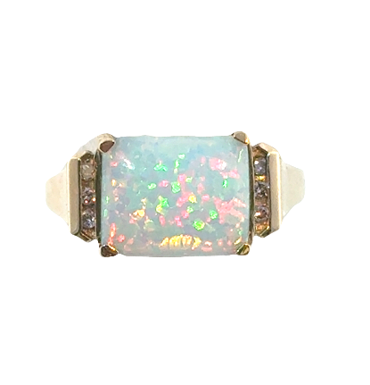 14K Yellow Gold Synthetic Opal & Diamond Ring *estate item sold as is, final sale*