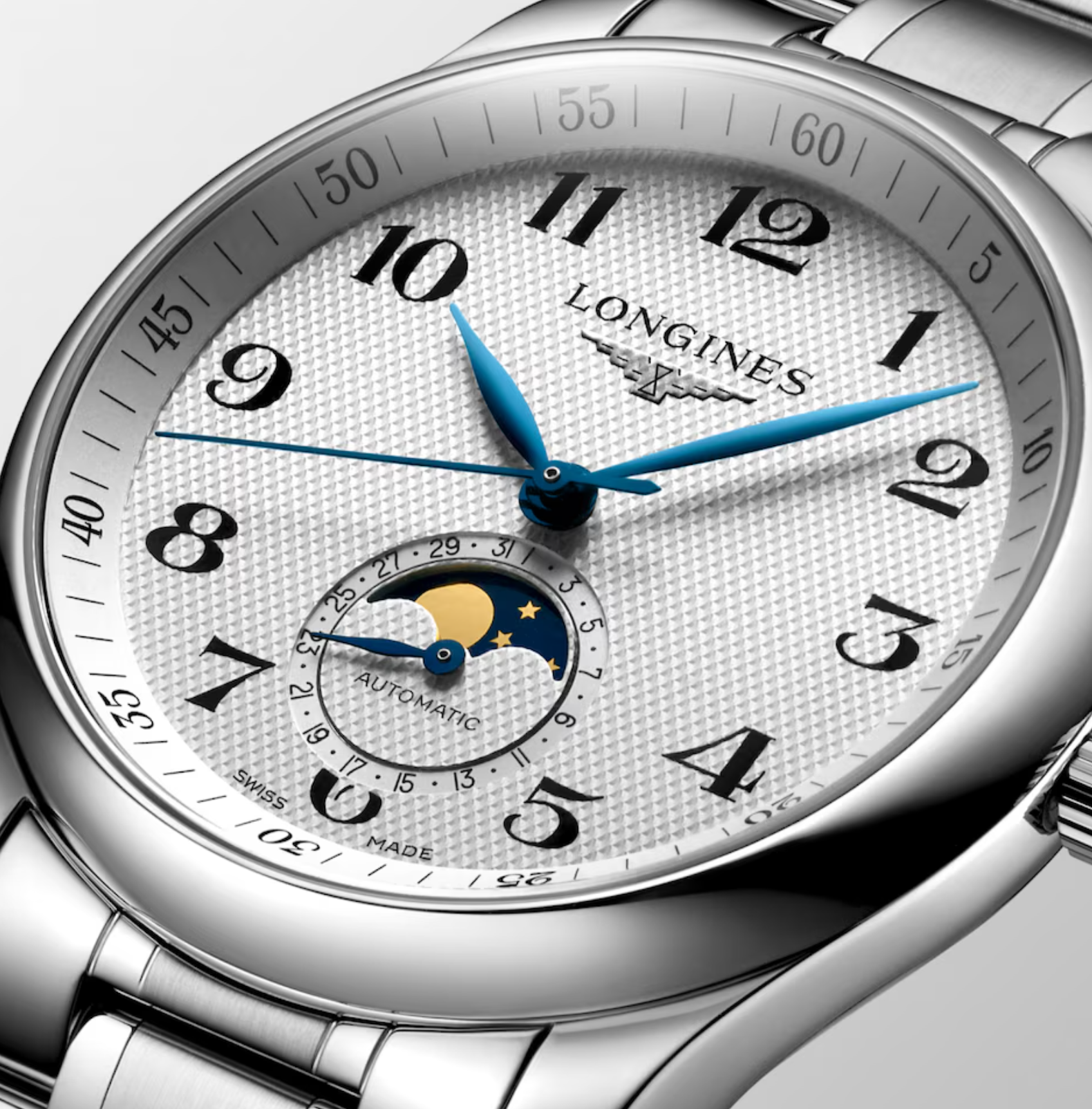 Longines Master Stainless Steel 40mm Chronograph Moonphase Watch in Silver Barleycorn