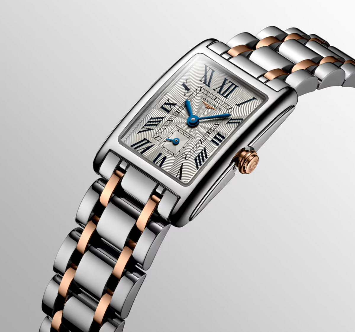 Longines DolceVita Stainless Steel & 18K Rose Gold Silver Flinqué 20mm Rectangular Ladies Watch