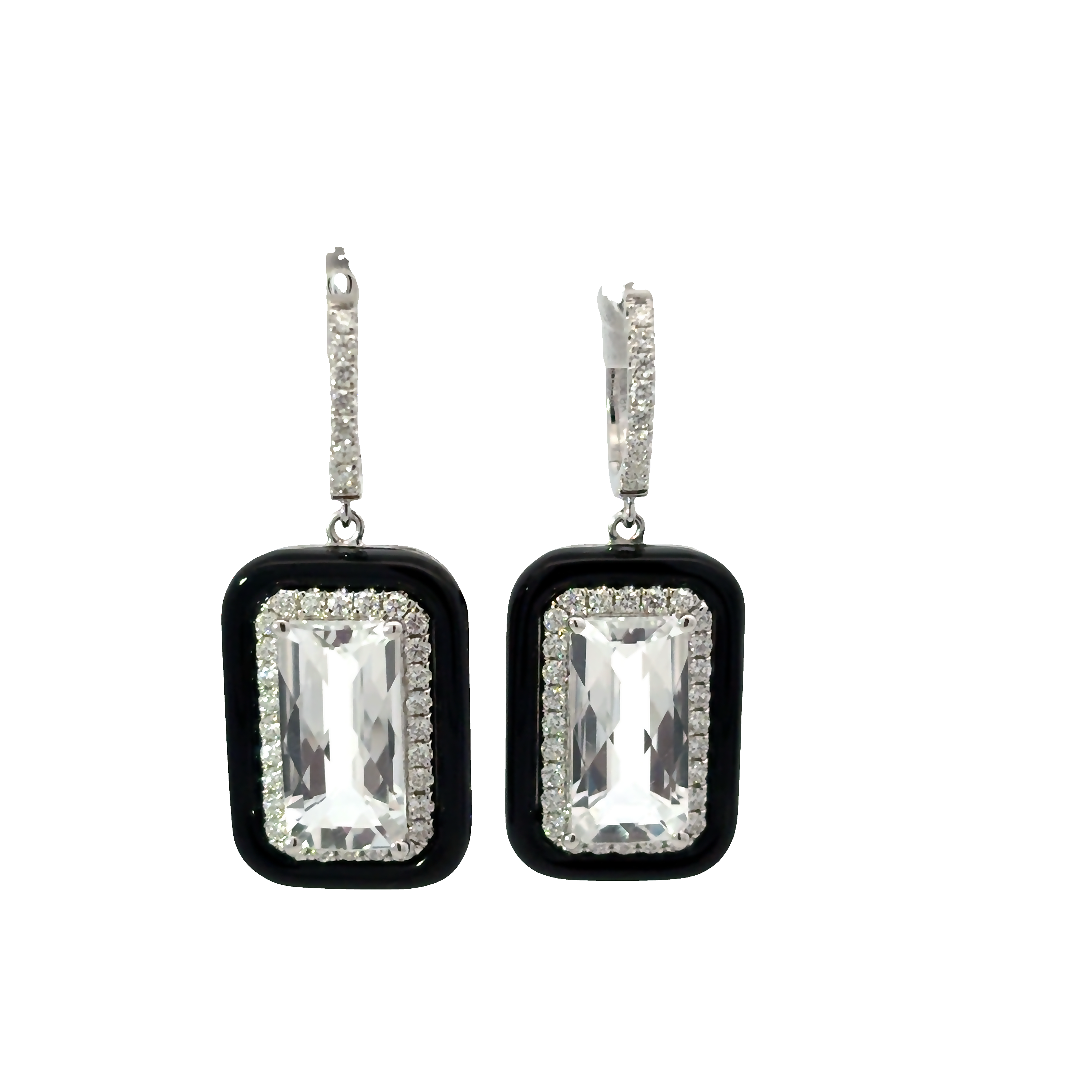 18K WG Cushion Colorless Topaz & Diamond Halo Dangle Earrings w Black Frame by David Kord Main image