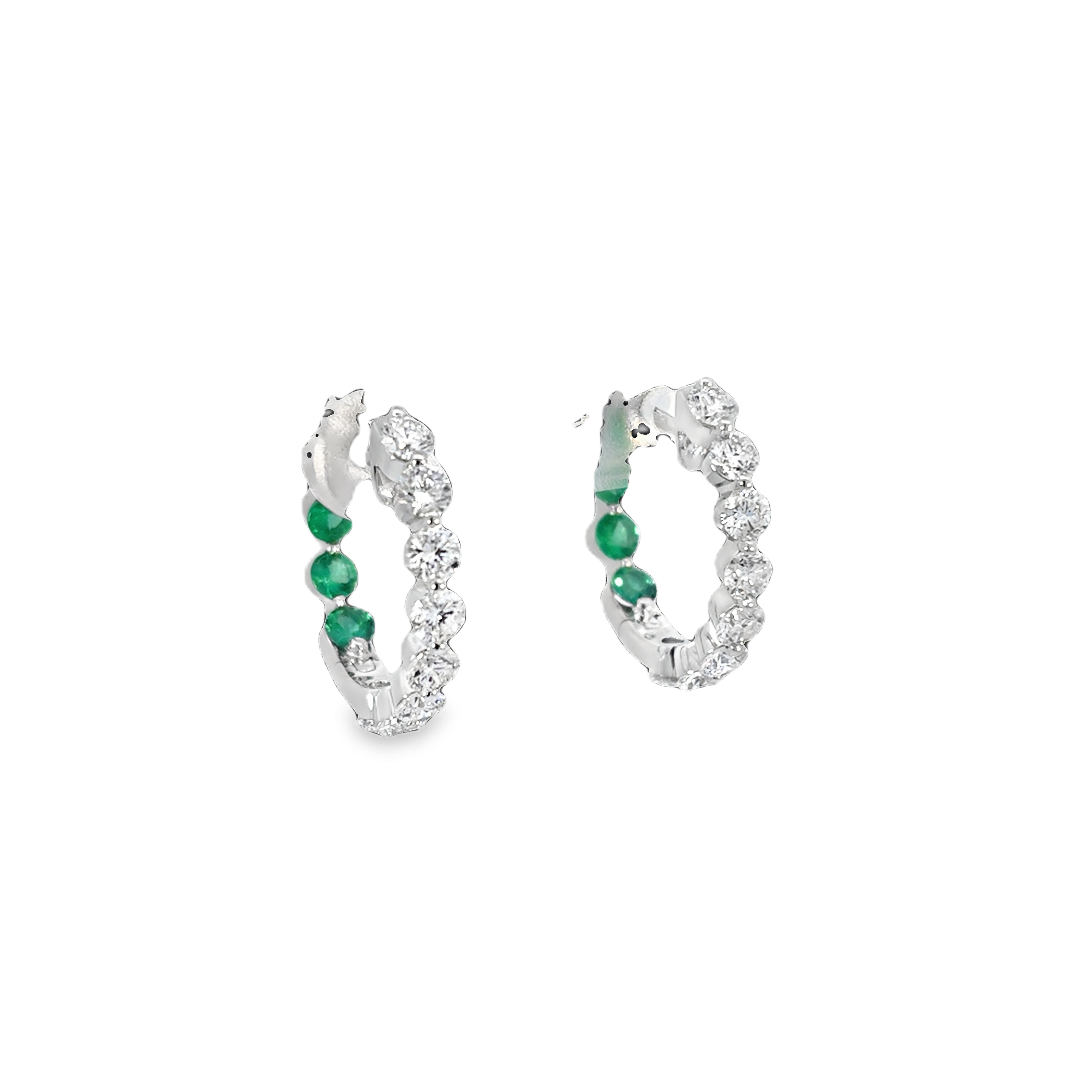 14K WG Diamond & Emerald Inside Out Shared Prong Hoop Earrings by David Kord