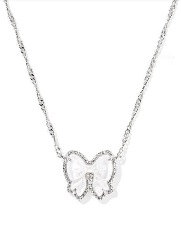 Haley Rhodium Plated Bow Short Pendant Necklace in Ivory MOP by Kendra Scott
