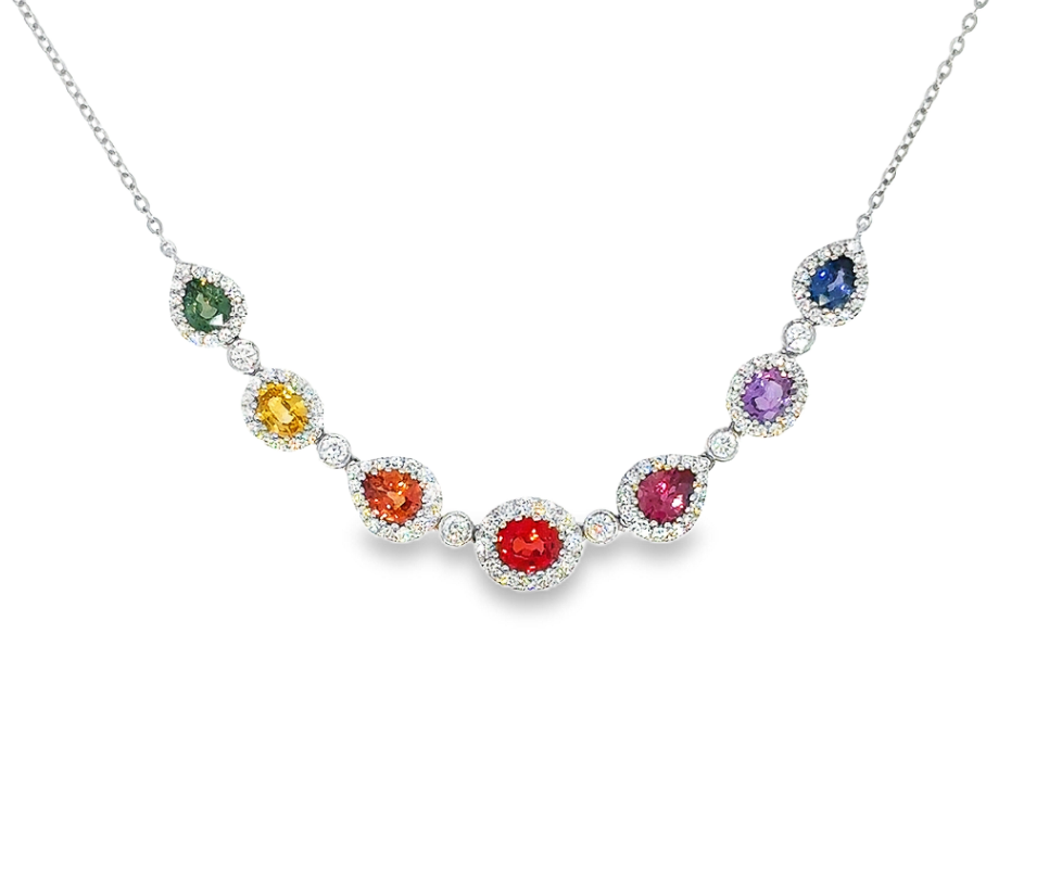 18K White Gold Multi Shape Rainbow Sapphire & Diamond Halo Necklace by David Kord