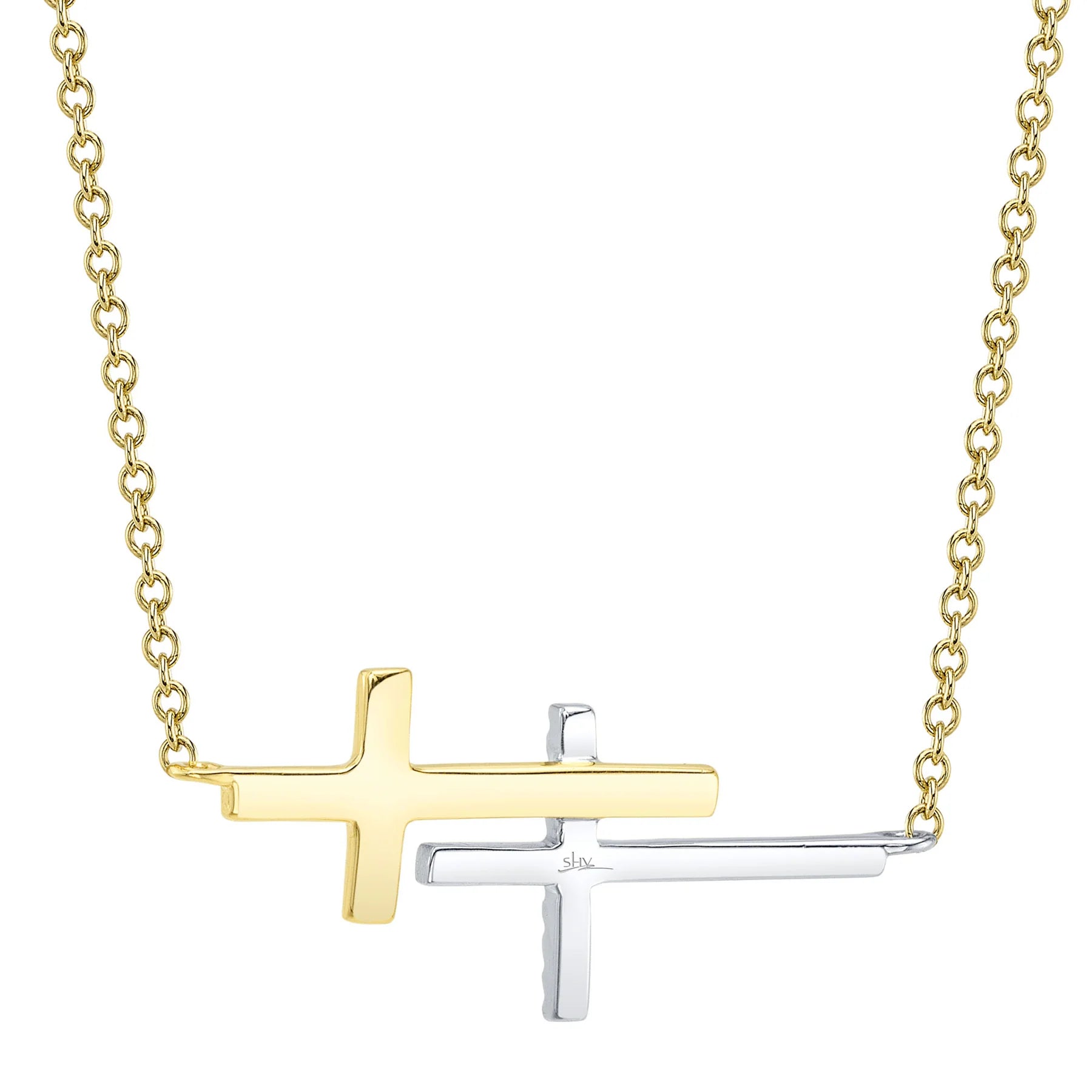 14K Two-Tone Diamond Sideways Stacked Cross Pendant Necklace