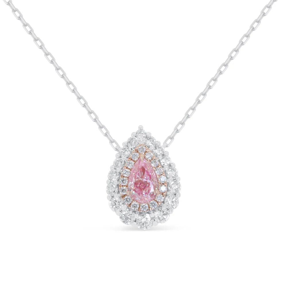 14K W/RG Fancy Pear Shape Yellow Diamond w Pink Enamel Double Halo Pendant Necklace Main image