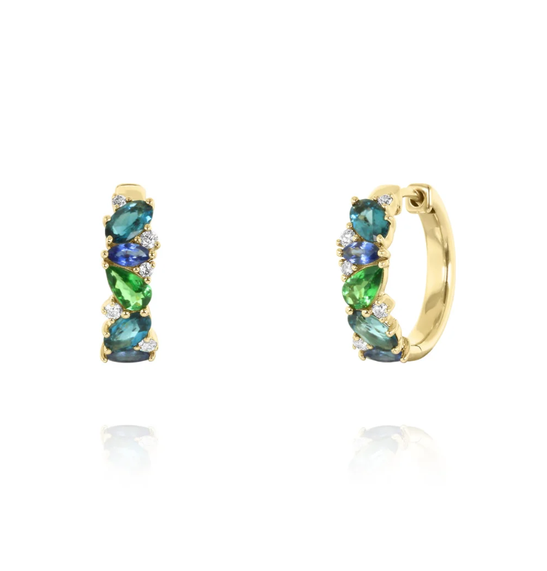 14K Yellow Gold Blue & Green Colorsplash Gemstone Huggies Main image