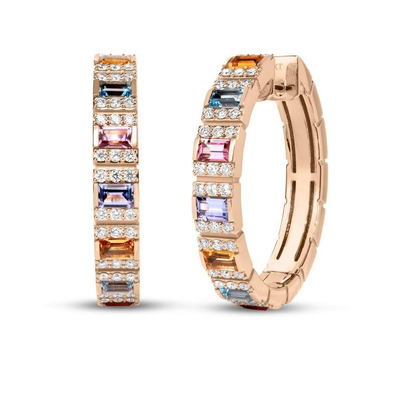 18K Rose Gold Obelisco Color Multi Stone & Diamond Hoop Earrings by Roberto Coin