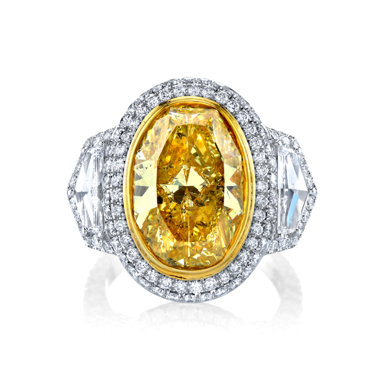 Platinum Fancy Yellow Oval Diamond Three-Stone Pave Halo Ring by Joshua J Main image
