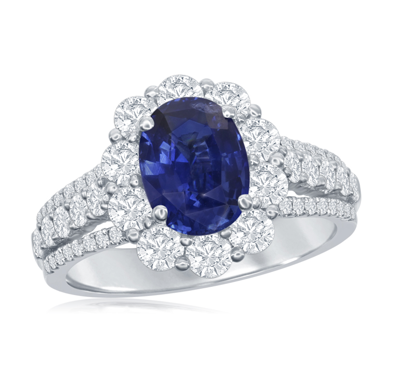 18K WG Oval Sapphire Triple Row Diamond Halo Ring Main image
