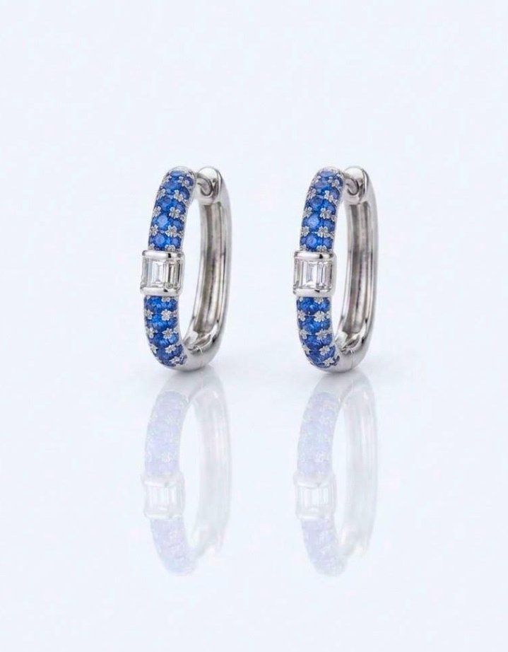14K White Gold Sapphire & Baguette Diamond Center Hoops by David Kord Main image