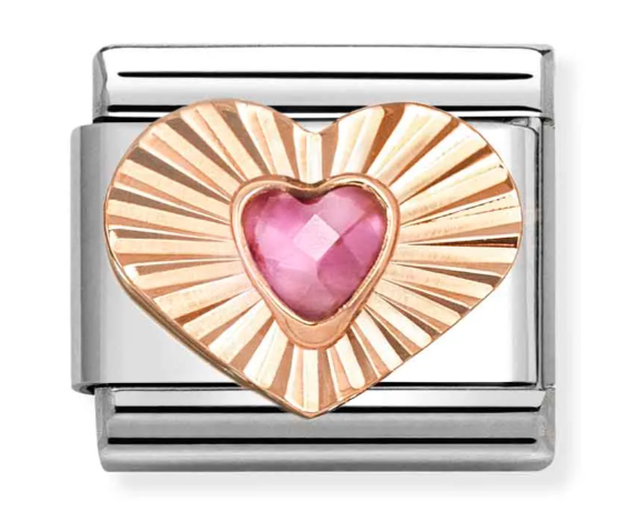 Stainless Steel & 9K Rose Gold Diamond Cut Heart Charm with Pink CZ