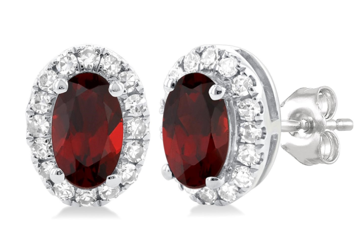 10K WG 5x3 Oval Garnet & .13cttw Dia Halo Studs