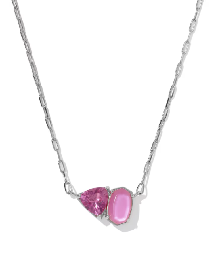 Rhodium Plated October Tatum Short Pendant Necklace in Azalea Pink Mix by Kendra Scott