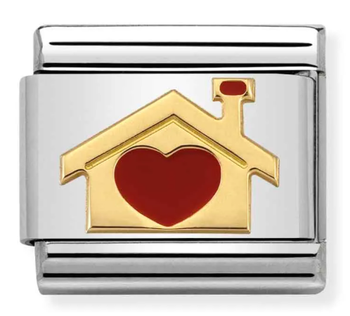 Stainless Steel & 18K Yellow Gold House Charm with Red Enamel Heart
