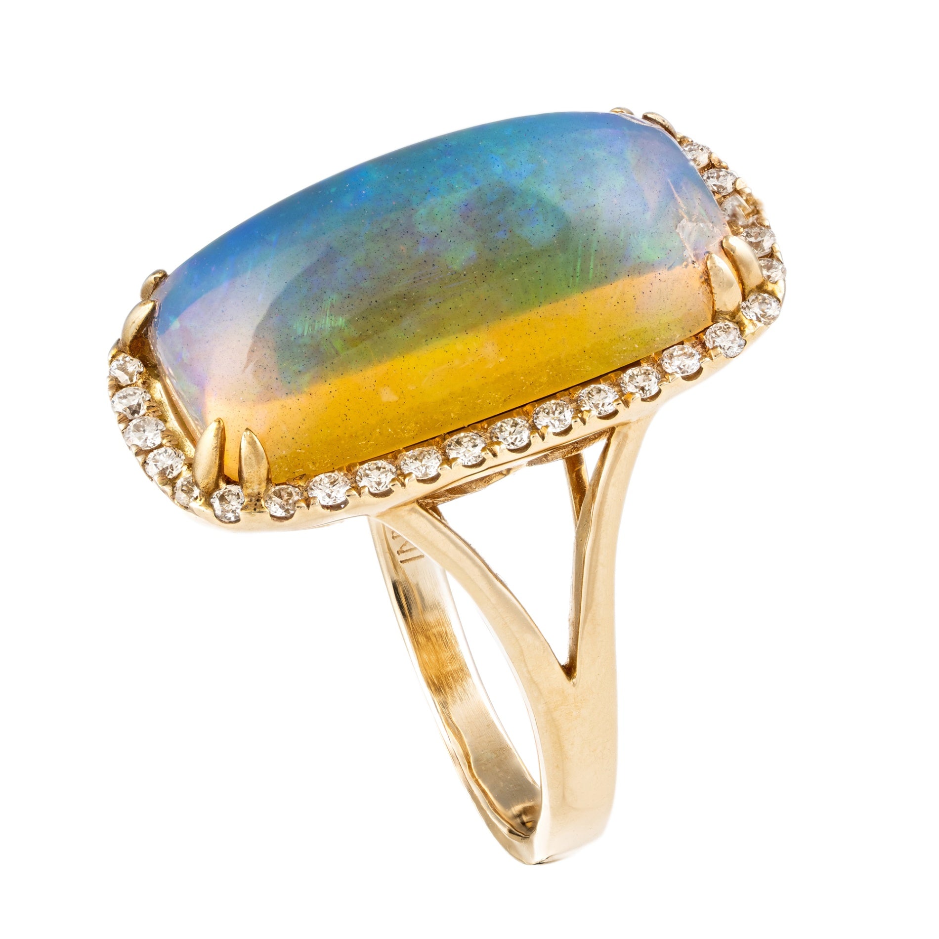 14K YG Cushion Opal & Diamond Halo Split Shank Ring by David Kord