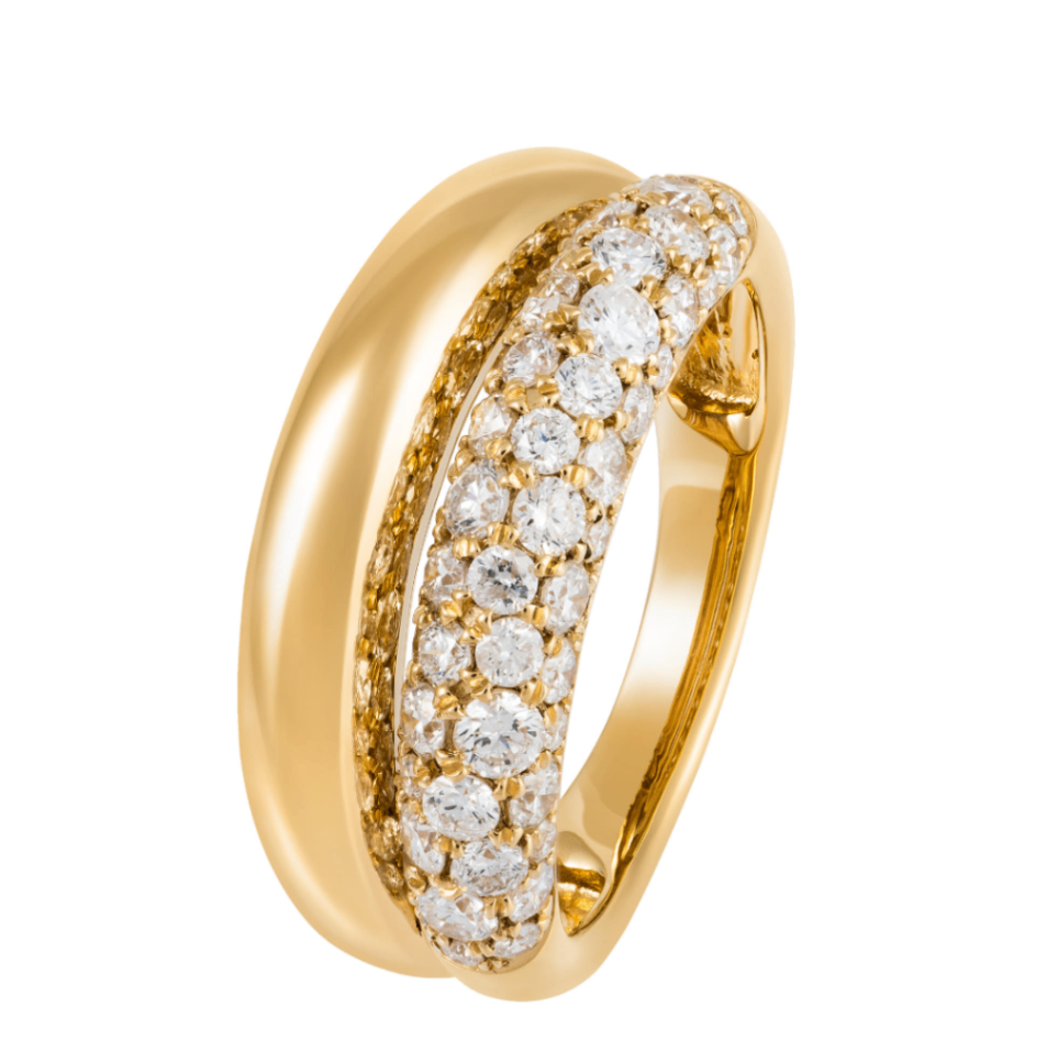 18K Yellow Gold Pave Diamond & Polished Stacked Band