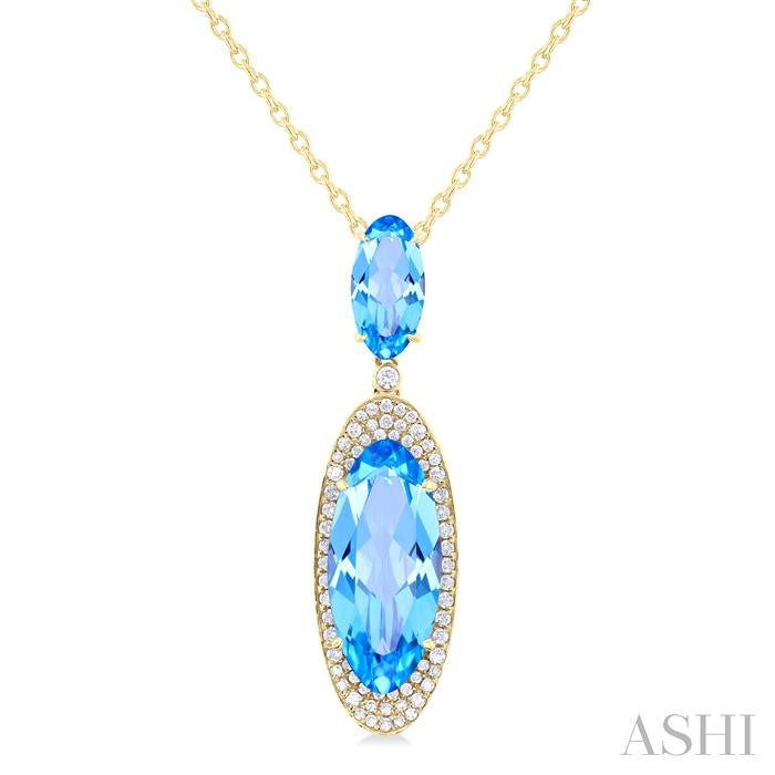 14K YG Oval Blue Topaz & Diamond Halo Double Drop Pendant Necklace