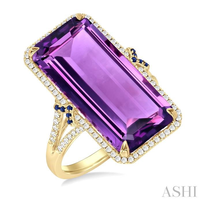 14K YG Emerald Cut Amethyst Ring with Diamond & Sapphire Halo Secondary image