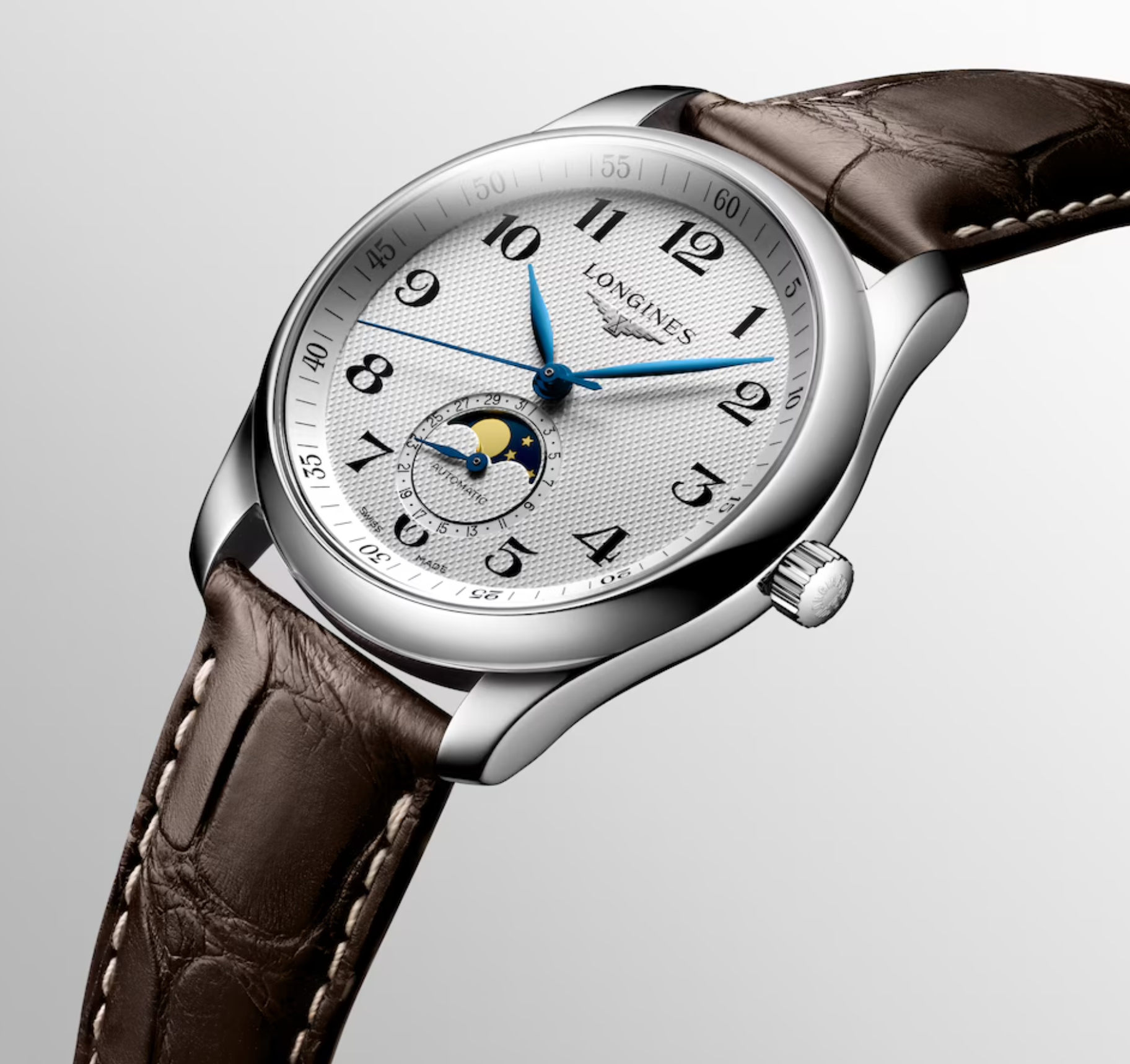 Longines Master Stainless Steel 40mm  Chronograph Moonphase Watch in Silver Barleycorn with Leather Band