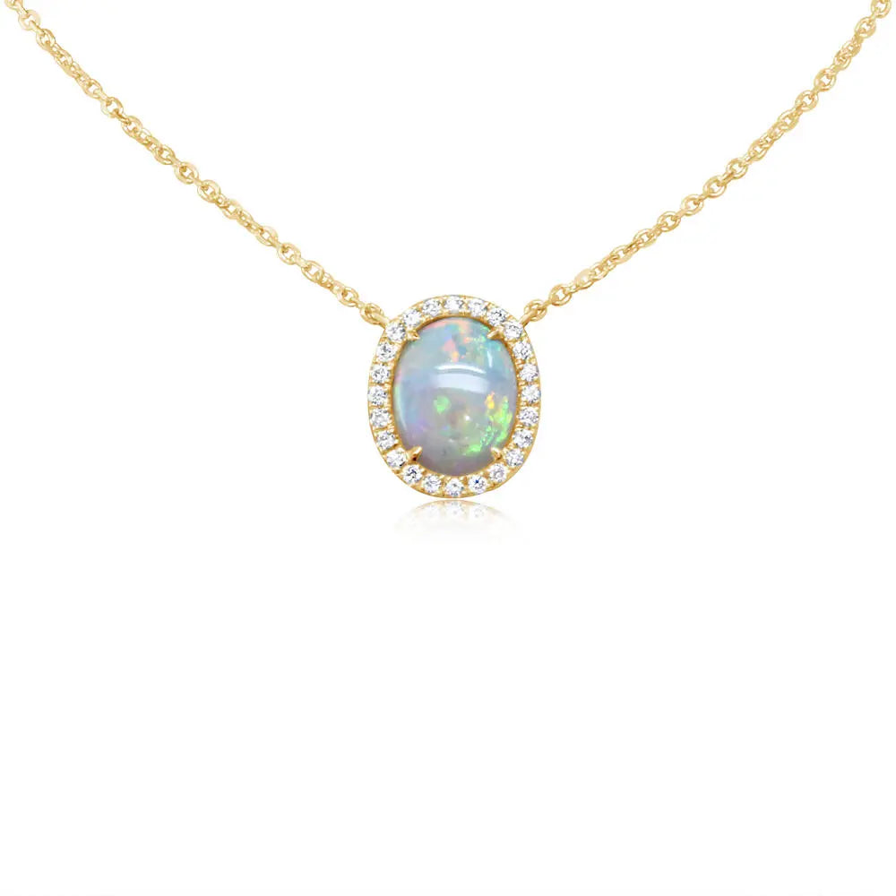 14K YG Oval Australian Opal & Diamond Halo Pendant Necklace Main image