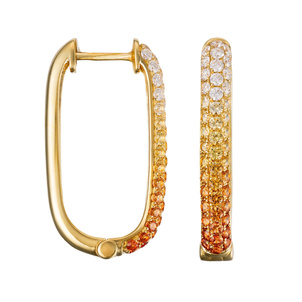 18K Yellow Gold Ombre Orange Sapphire & Diamond Square Hoops by David Kord
