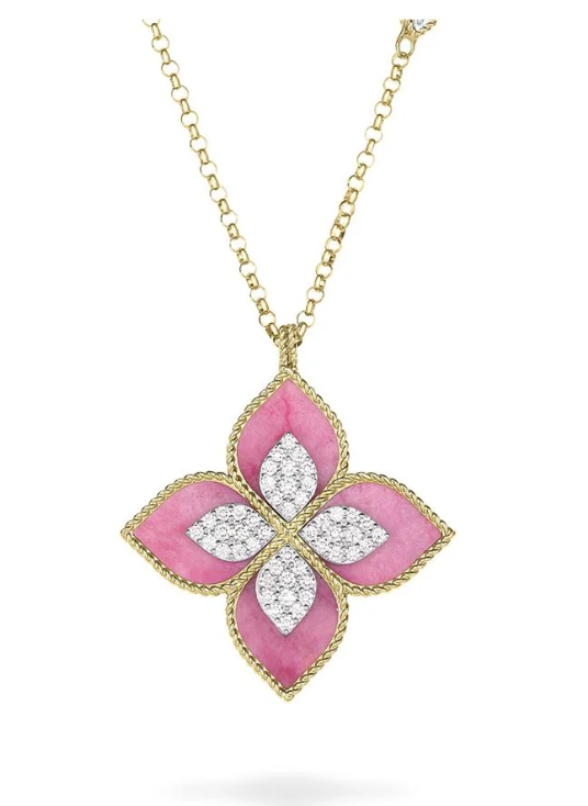 18K Y/WG VENETIAN PRINCESS DIAMOND & RHODONITE FLOWER NECKLACE BY ROBERTO COIN