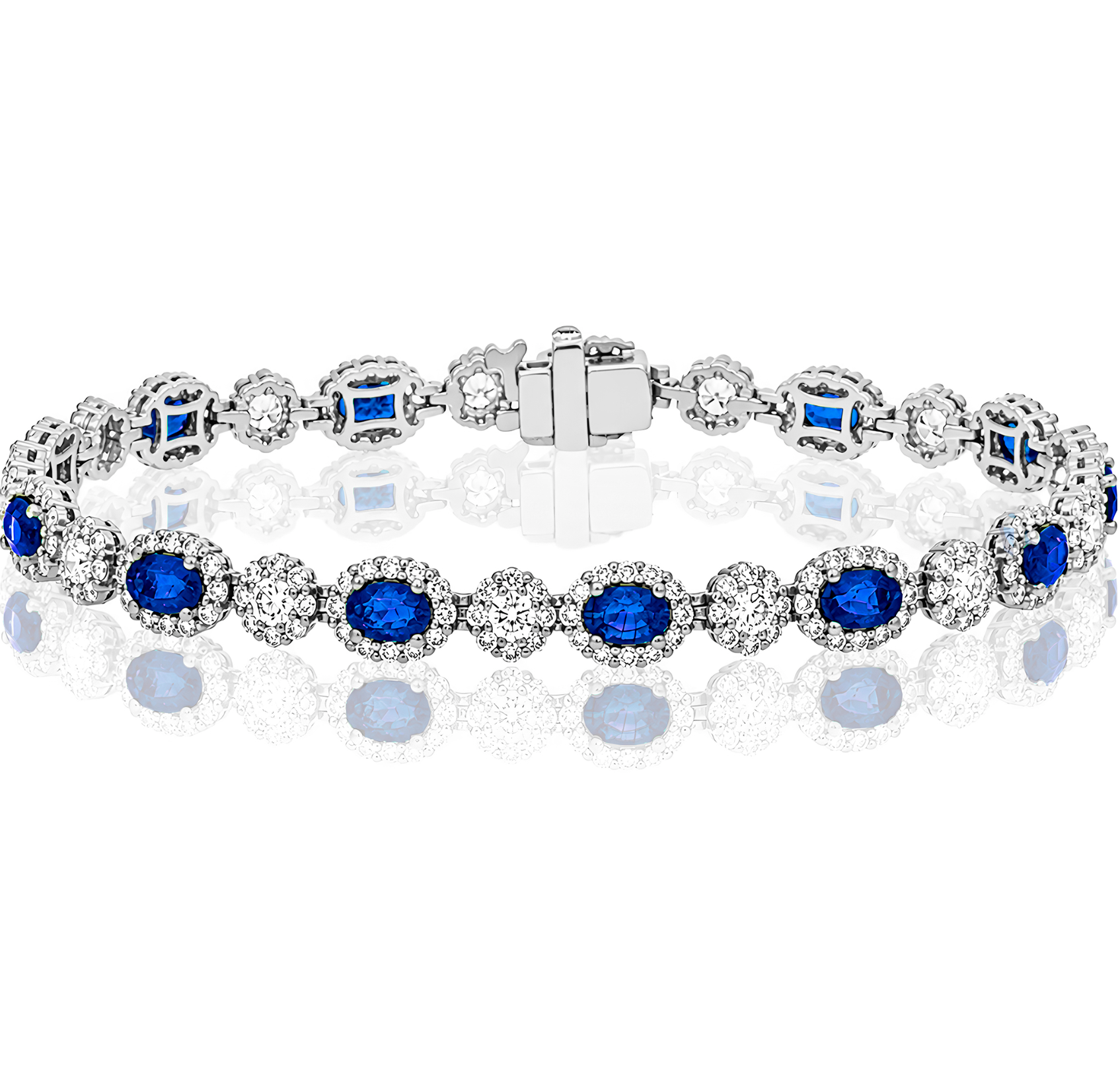 14K White Gold Oval Sapphire & Diamond Halo Tennis Bracelet Main image