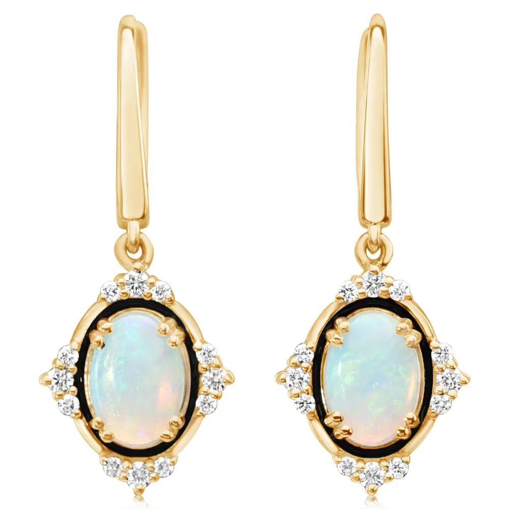 14K YG Australian Opal & Diamond Vintage Style Drop Earrings with Black Enamel Main image