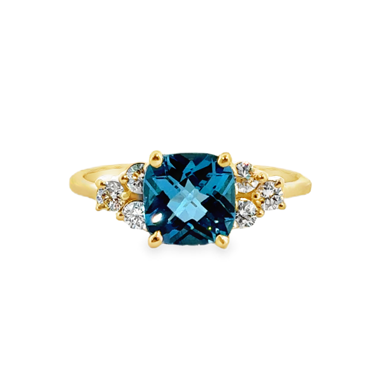 14K Yellow Gold Cushion Blue Topaz & Diamond Accent Ring *Center Stone is Chipped* Main image