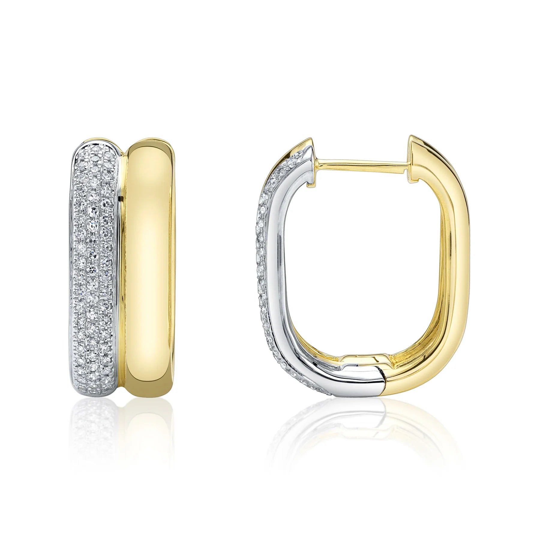 14K W/YG Diamond Pave & Polished Oval Hoops