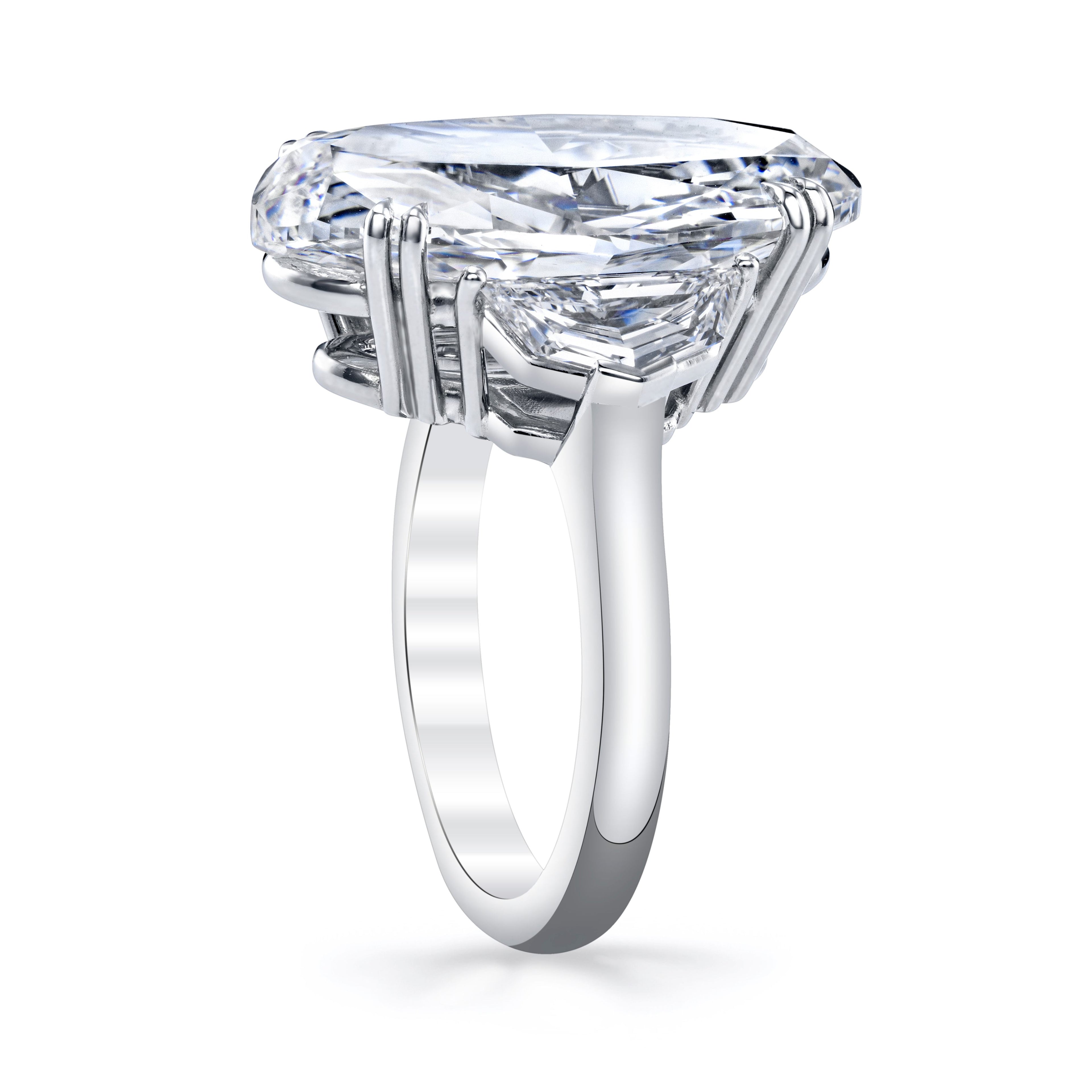 Platinum Oval Diamond Three-Stone Ring with Shield Sides by Joshua J