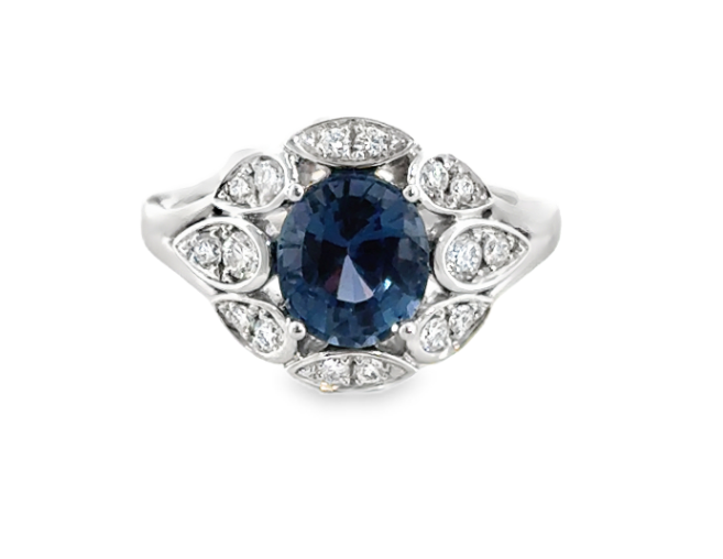 18K White Gold Blue Spinel & Diamond Marquise Shape Halo Ring Main image