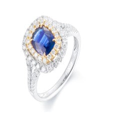 14K YG/PT Blue Sapphire Double Halo Split Shank Ring