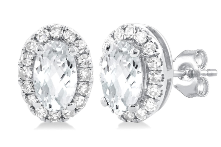 10K WG 5x3 Oval White Topaz & .13cttw Dia Halo Studs