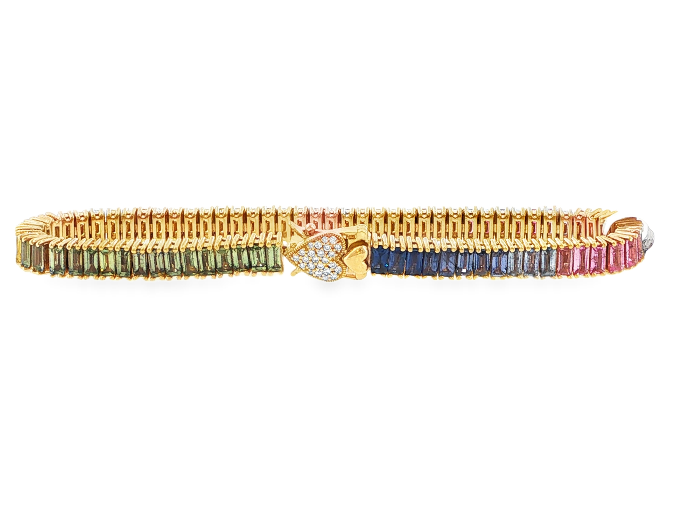 18K YG Multi Color Sapphire Baguette Tennis Bracelet by Erica Courtney Secondary image
