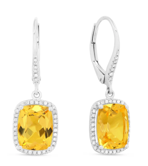 14K White Gold Cushion Shape Citrine & Diamond Halo Drop Earrings Main image