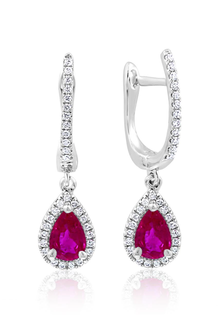 14K White Gold Pear Shape Ruby & Diamond Halo Drop Earrings by David Kord