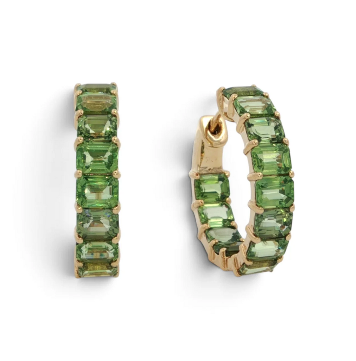 14K Yellow Gold Emerald Cut Green Sapphire Hoops Main image