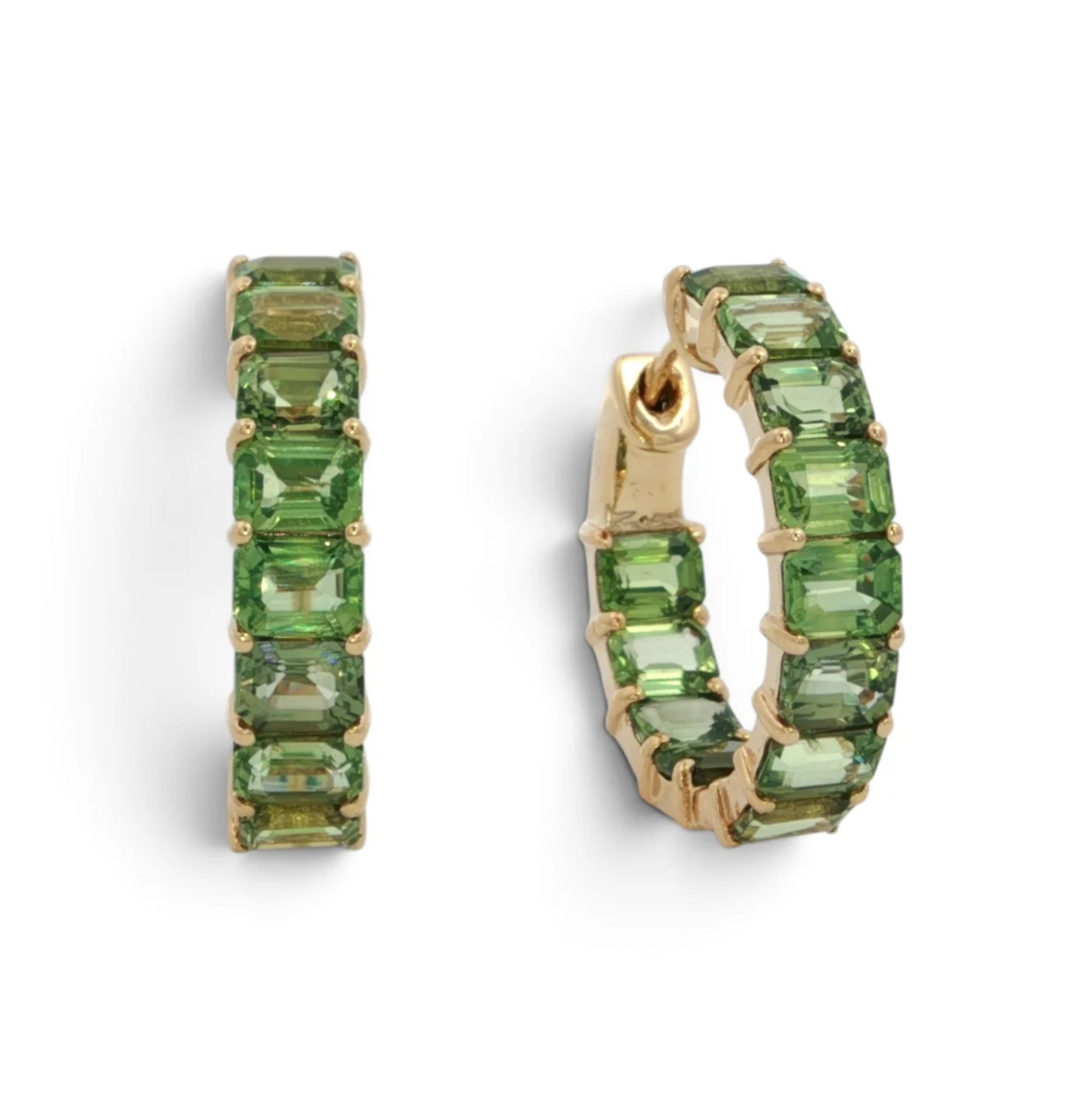 14K Yellow Gold Emerald Cut Green Sapphire Hoops