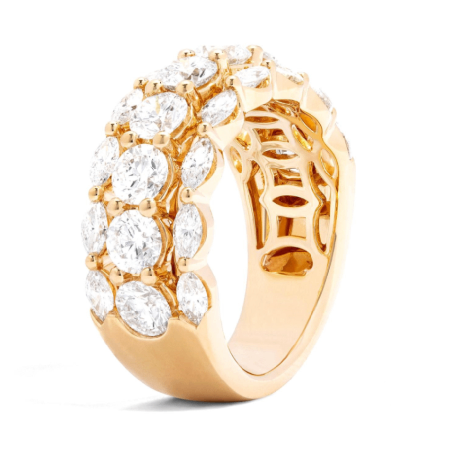 18K Yellow Gold Duchess Round & Marquise Diamond Three Row Band