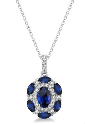 14K WG OV+MQ Sapphire & Diamond Oval Shape Pendant Necklace