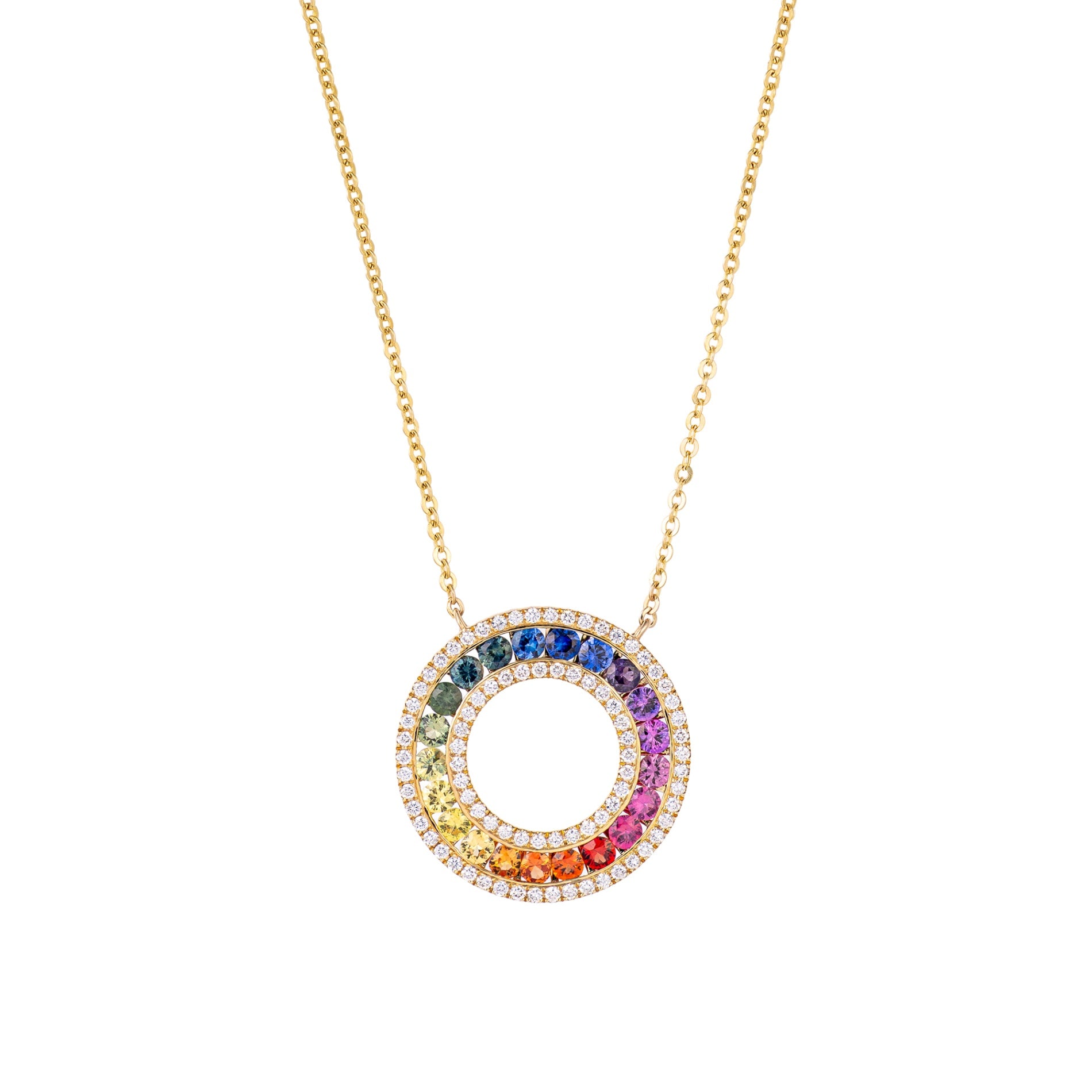 14K Yellow Gold Rainbow Sapphire & Diamond Halo Open Circle Pendant Necklace