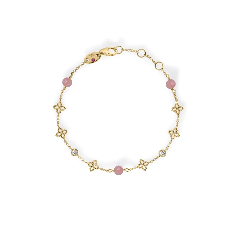 18K Yellow Gold Diamond & Pink Opal Princess Flower Bracelet by Roberto Coin